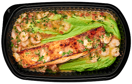 Salmon fillet with prawns and puréed peas