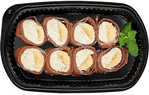 Cacao pancakes with banana-cottage cheese filling
