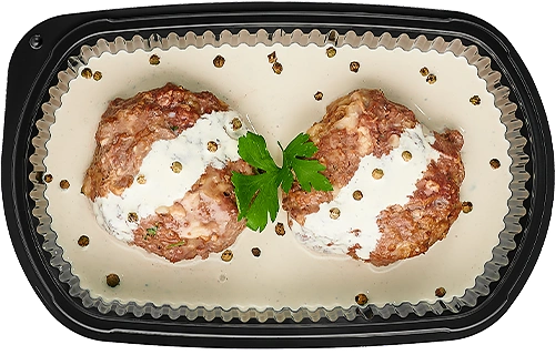 Chopped-meat beef burgers with peppercorn sauce